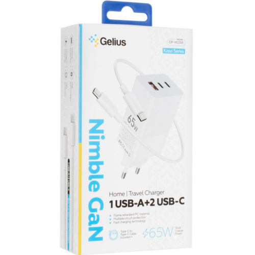Сетевое зарядное устройство Gelius Nimble GaN 65W GP-HC051 + кабель Type-C/Type-C White